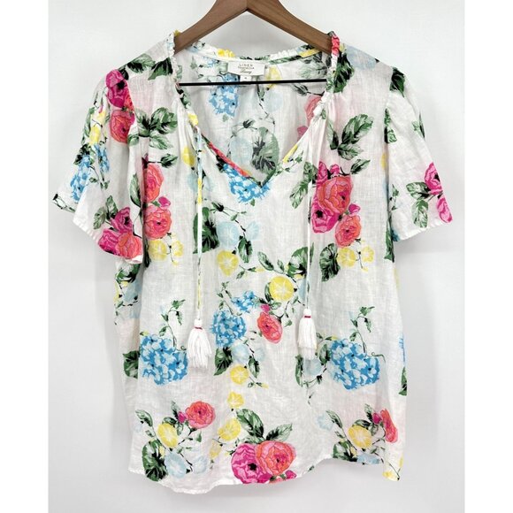 Charter Club Luxury Linen Blouse Women XL Floral Tassel V-Neck White Flutter Sle - Picture 1 of 8